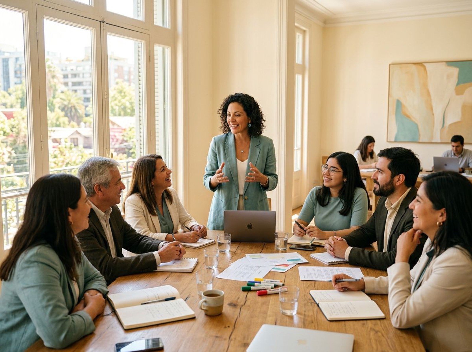 Taller corporativo en una sala luminosa: facilitadora y equipo alrededor de una mesa grande